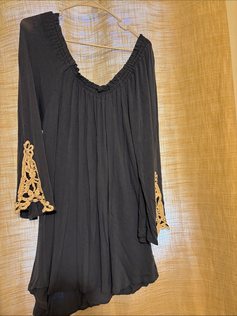 paper tee Black Mini Dress with Tan Crochet Trim